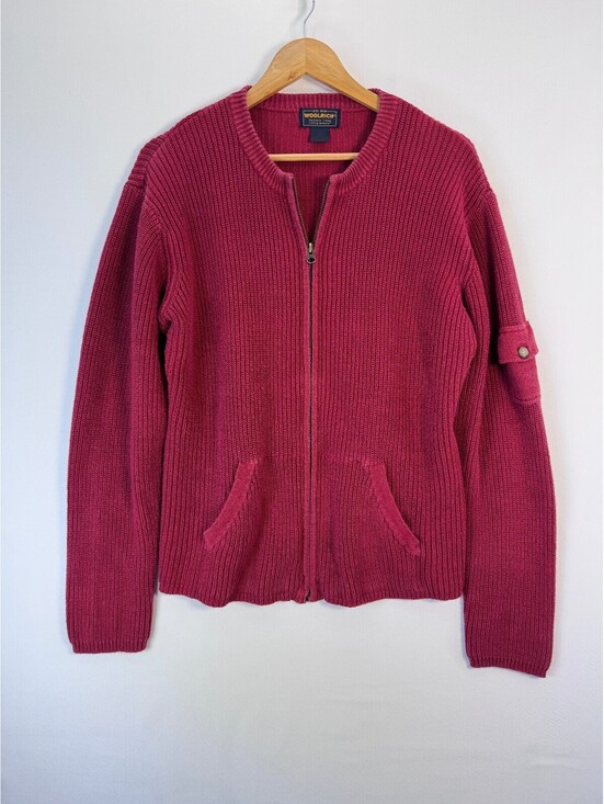 Woolrich Sweaters - Woolrich Vintage Ribbed Full Zip Cardigan Cargo Pocket Sweater Womens XL Ruby